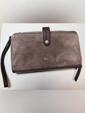 The Sak Taupe Suede Wallet Clutch with Brown Trim